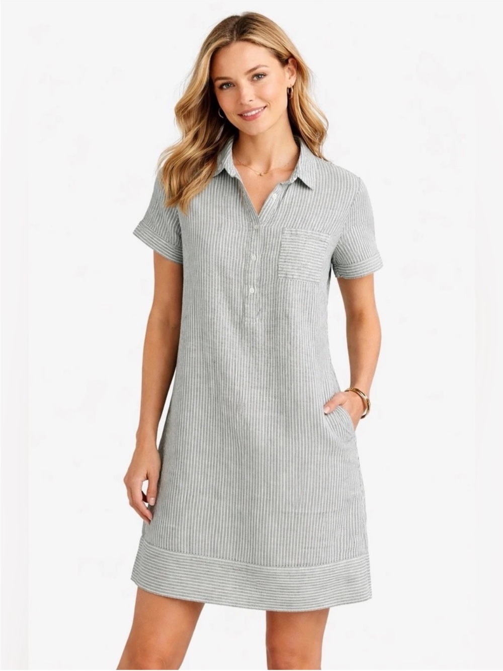 Garnet Hill Green and White Striped Popover Shirtdress size Small - Picture 2 of 12